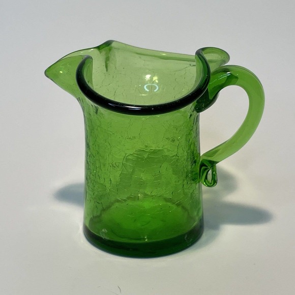 Vintage Glass Hand Blown Olive Green Crackle Small Glass Creamer Pitcher - Picture 2 of 8